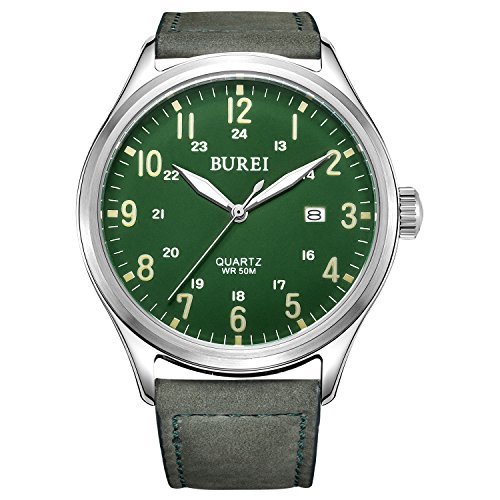 Burei Unisex Armee Gruen Militaer Uhr mit Datum Analog Luminous Arabisch Ziffer Zifferblatt und Lederband