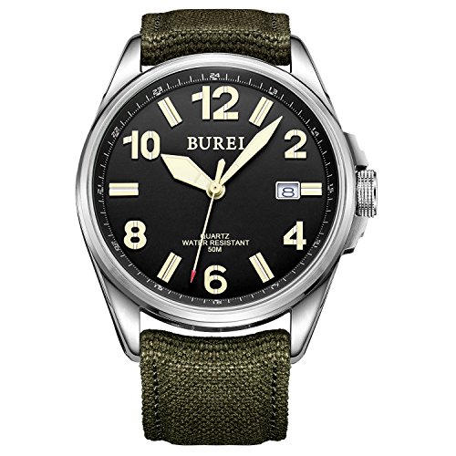 Burei Unisex Militaeruhr mit Datumsanzeige Schwarzem Ziffernblatt und Gruenem Canvas Armband