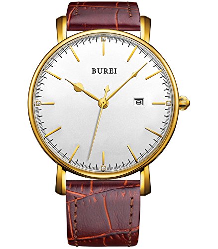 BUREI Unisex Ultra Duenne Uhr mit rotten Leder Band Datumsanzeigeweisses Ziffernblatt Uhr