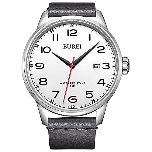 Burei Unisex Quarz Handgelenk Uhren mit Datum Arabische Ziffer Analog und grau Lederband