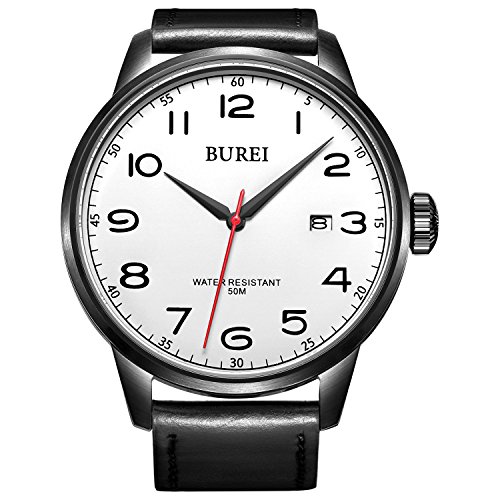 Burei Herren Datumanzeige Wasserdicht Quarz Uhr mit Schwarz Leder Leinwand Band weisses Zifferblatt