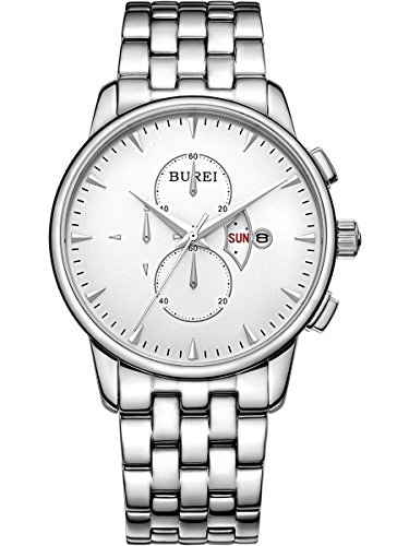 Burei Herren Tag und Datum Display multifunktional Chronograph Armbanduhr mit Edelstahl Armband