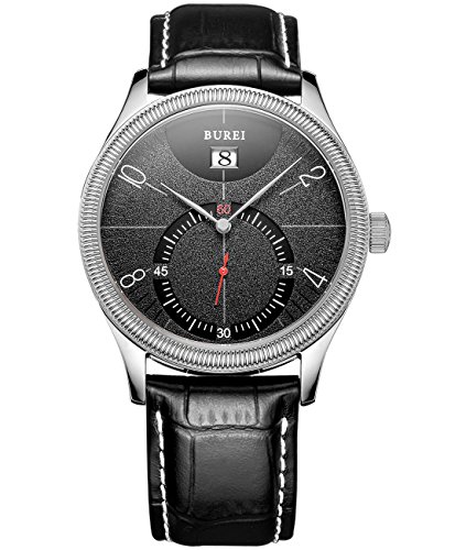 Burei Herren Datum Display Matt Schwarz Zifferblatt die kleine Sekunde Armbanduhr mit Rindsleder Leder Armband