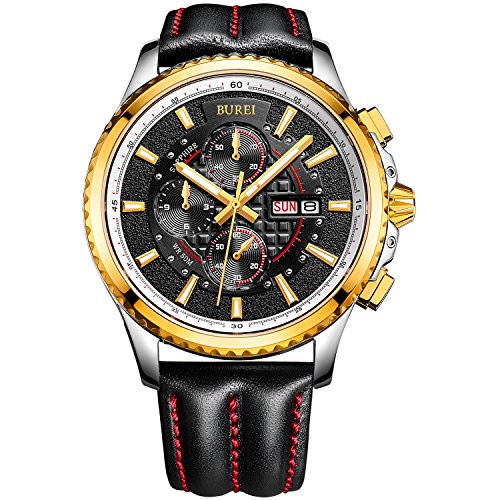 BUREI Chronograph Analog Quarz Uhr Lederband Sportlich Schwarz mit Gold Armbanduhr Wasserdicht Uhr kratzfeste Uhr