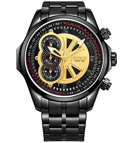 Burei Edelstahl Uhr mit Schwarz Armband und Schwarz Zifferblatt