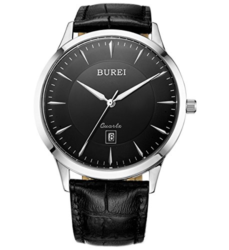 Burei Herren Ultra Duenn Datum Display Kalender Japanisches Quarz Analog Simple Armbanduhr Uhr mit Schwarz Kalbsleder Leder Gurt