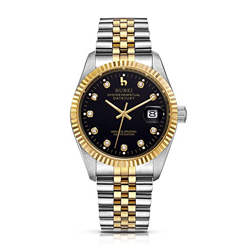 Burei Herren Die klassische Design Vergroessern Datum Display Business Stil automatische bicolor Armbanduhr Armbanduhr mit Edelstahl Armband