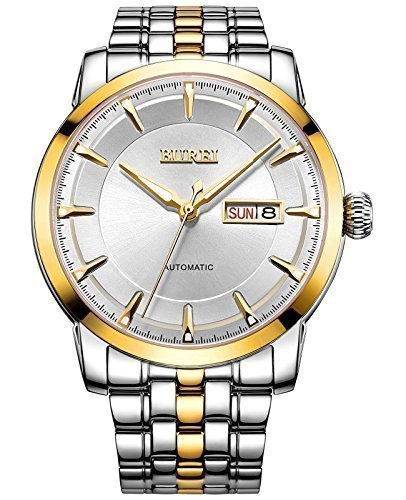 Burei Herren Luminous Tag und Datum Automatik Uhr mit zwei Ton Link Armband Gold Luenette Weiss Zifferblatt