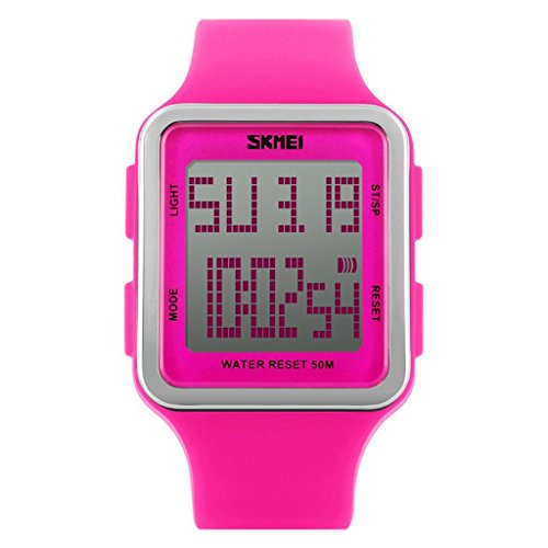 YPS Frauen S igkeit Farben Silikon Quadrat LCD Digital Sport Armbanduhr Rot WTH3357