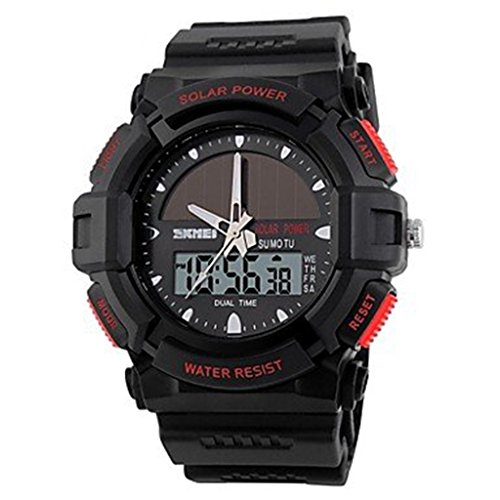 YPS Herren Solar Powered Multifunktionale Dual Time Zones Rubber Band Sportliche Armbanduhr Red WTH0967