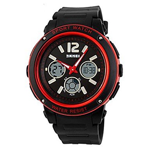 YPS Herren drei Zeitzonen Analog Digital Gummiband Sportliche Armbanduhr Red WTH0976