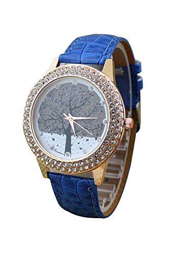 Armbanduhr SODIAL R Frauen Baum Muster Ziffernblatt Strass Armbanduhr blau
