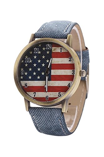 Armbanduhr SODIAL R Unisex amerikanische Flagge Muster Bronze Denim Band Armbanduhr blau