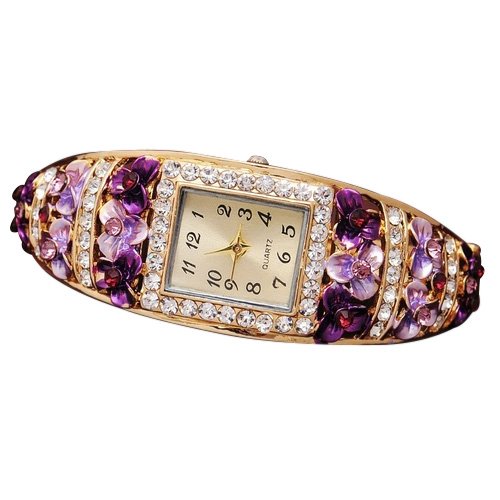 Kristallblume Uhr SODIAL R Mode Kristallblume Uhren fuer Frauen Kleid Armbanduhr Quarz Vergoldet Armbanduhren lila