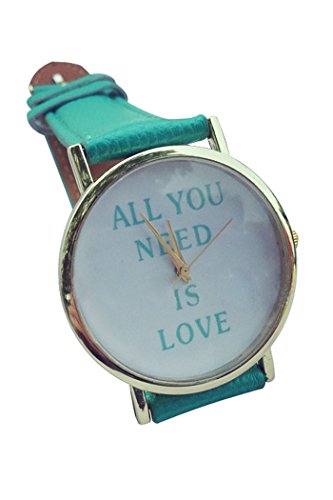 SODIAL R Alles was Sie brauchen ist Liebe ALL YOU NEED IS LOVE Kunstleder Armbanduhr Mintgruen