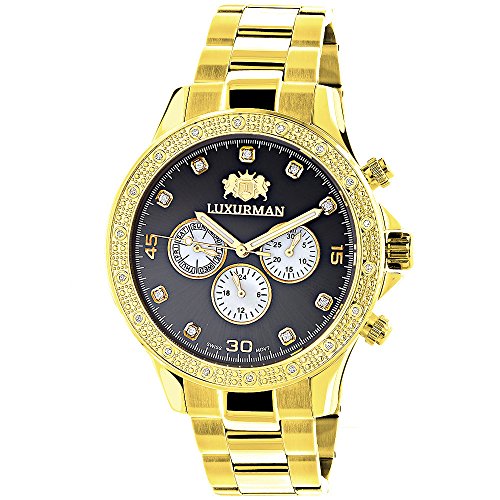 Black Dial Yellow Gold Plated Luxurman Diamond Watch for Men 0 2ct New