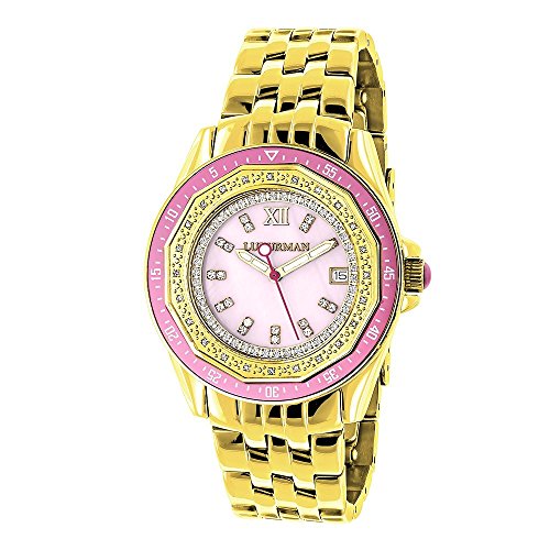 Echter Diamant Armbanduhr fuer Frauen mit Pink Luenette und Gesicht gelb vergoldet 0 25 ct Luxurman Royale
