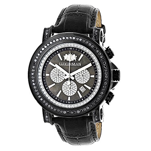 3ct Large Mens Black Diamond Watch MOP Dial w Chronograph and Leather Band LUXURMAN Escalade