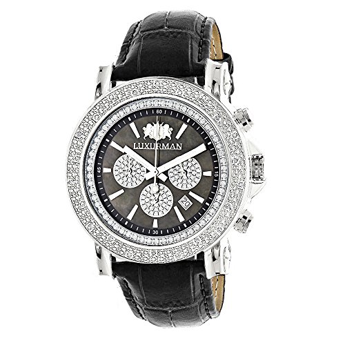 Large Mens Diamond Watch with Black Leather Band LUXURMAN Escalade 0 25ct