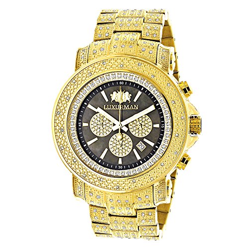 Iced Out Mens Diamond Watch Luxurman 2ct Yellow Gold Plated