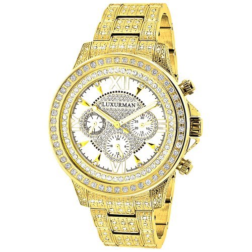 Fully Iced Out Mens Diamond Watch 3ct Yellow Gold Plt Luxurman Swiss Movmnt