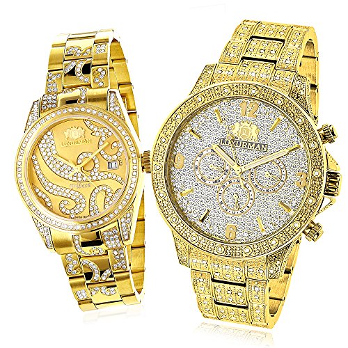 His and Hers Watches Luxurman Diamond Watch Set Yellow Gold Plated 4 25ct