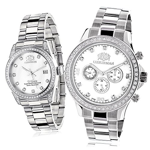 His and Hers Watches White Gold Pltd Luxurman Diamond Watch Set 3 5ct