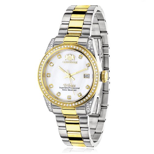 Ladies LUXURMAN Tribeca Two Tone White Yellow Gold Plated Genuine Diamond Watch 1 5ct Swiss Quartz