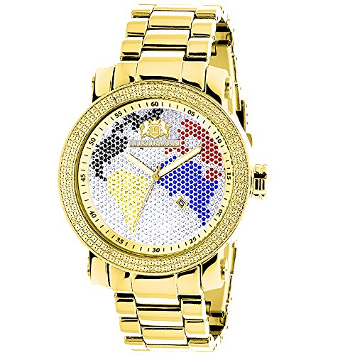 Luxurman World Map Mens Diamond Watch 0 12ct Yellow Gold Plated