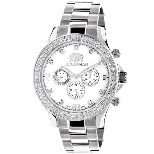 Luxurman Mens Diamond Watch 0 2ct White Gold Plated White MOP Liberty