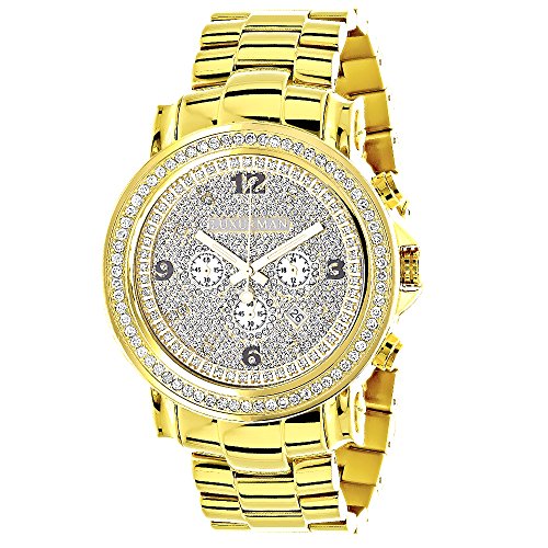 Iced Out LUXURMAN Large Diamond Bezel Watch for Men 18k Yellow Gold Plated Metal Band Chronograph 2 5Ct