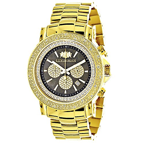 Large Luxurman Mens Watch with Diamonds 0 25ct Yellow Gold Plated