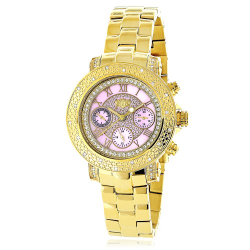 Luxurman Ladies Diamond Watch 0 3ct Pink MOP Yellow Gold Plated