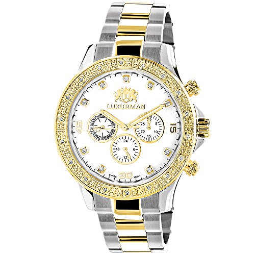 LUXURMAN Mens Real Diamond Watches 18k Yellow White Gold Plated Swiss Quartz Liberty with MOP Dial
