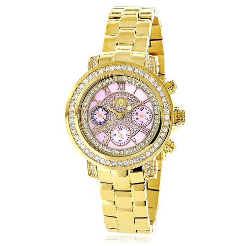 LUXURMAN Montana Large Ladies Diamond Watch 2ct Yellow Gold Plated with Pink MOP