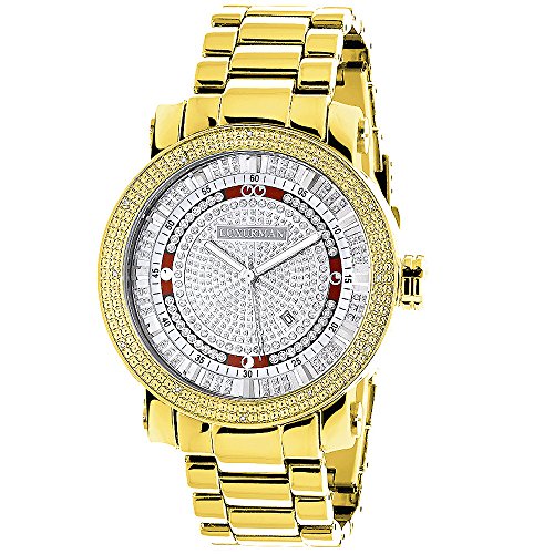 LUXURMAN Phantom Yellow Gold Plated Mens Diamond Watch Extra Large 0 12ct