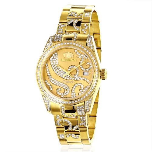 Iced Out Luxurman Tribeca Ladies Diamond Watch 18k Yellow Gold Plated