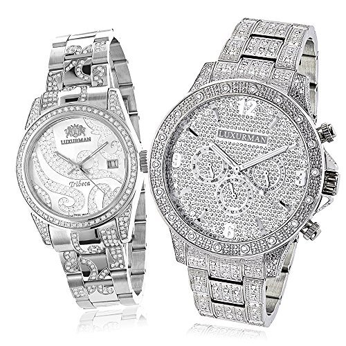 Matching His and Hers Watches LUXURMAN Iced Out Diamond Watch Set 4 25ct