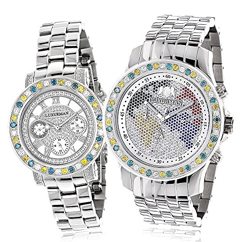 Matching Unique His and Hers Watches Luxurman White Yellow Blue Diamonds Watch Set 6 25ct