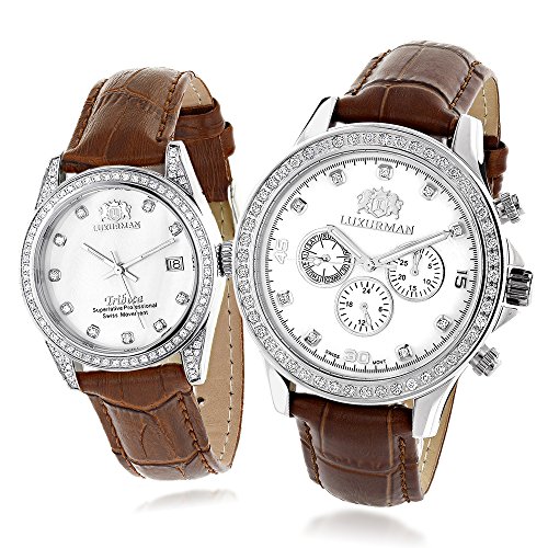 Matching His and Hers Watches LUXURMAN White MOP Gold Plated Diamond Watches