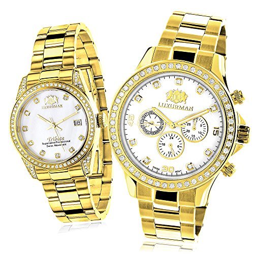 Matching His and Hers Watches Luxurman Yellow Gold Plated Diamond Watches
