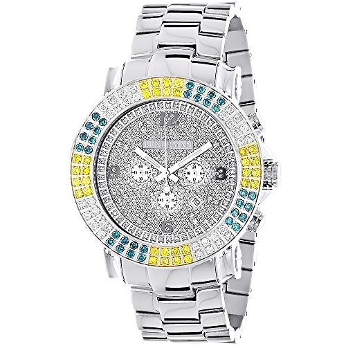 Large Mens Multicolor White Yellow Blue Diamond Watch 4 3ct LUXURMAN Escalade