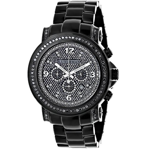 Oversized Mens Black Diamond Watch Iced Out Luxurman w Chronograph