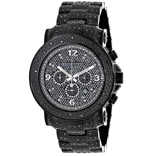 Oversized Iced Out Black Diamond Mens Watch by Luxurman 2ct Fully Paved