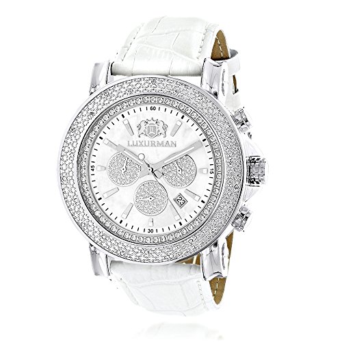 Oversized Mens Diamond Watch 0 25ct White Mop LUXURMAN Escalade w Chronograph and Leather Bands
