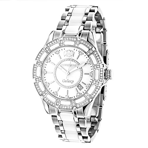 Swiss Quartz Ladies Diamond Watches Stainless Steel and White Ceramic Watch 1 25ct MOP LUXURMAN Galaxy