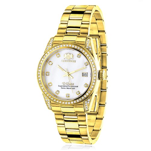 Womens Diamond Watch Yellow Gold Plated Luxurman Tribeca 1 5ct