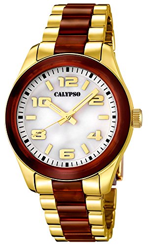 Calypso Damenarmbanduhr Quarzuhr Kunststoffuhr mit Kunststoffband mit Faltschliesse analog K5648 Farben gold braun