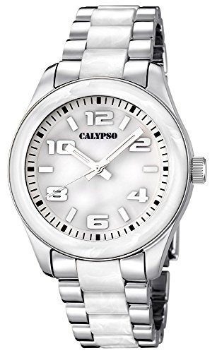 Calypso Damenarmbanduhr Quarzuhr Kunststoffuhr mit Kunststoffband mit Faltschliesse analog K5648 Farben silber weiss