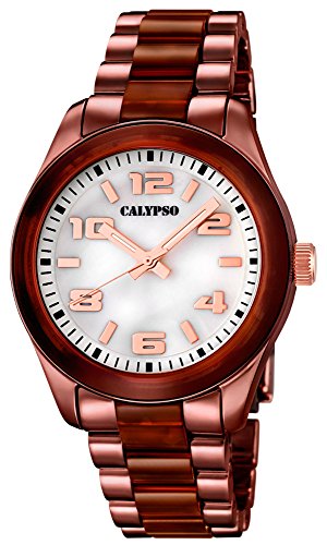 Calypso Damenarmbanduhr Quarzuhr Kunststoffuhr mit Kunststoffband mit Faltschliesse analog K5648 Farben braun weiss